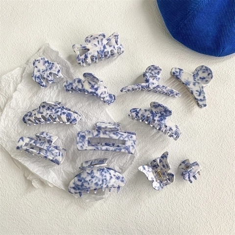 Fermaglio Per Capelli In Acetato Marmo Blu E Bianco Elegante Motivo Porcellana Clip Per Donne Accessorio Per Capelli