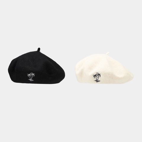 Women British Retro Wool Beret Hat With Coconut Tree Embroidery Vintage Solid Color Winter Painter Hat Warm Bonnet For Ladies