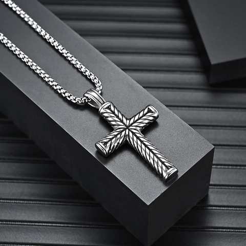 Collana Con Ciondolo A Croce In Acciaio Inossidabile Uomo Vintage Trama Intrecciata Punk Rock Gothic