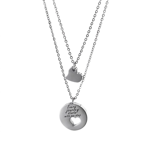 Stainless Steel Double Layer Necklace With Heart And Round Pendant Every Journey Starts With One Step Jewelry For Women
