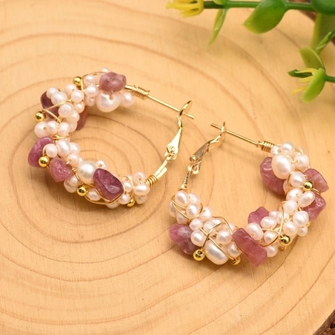 Handmade Natural Freshwater Pearl Tourmaline Hoop Earrings For Women Gold Plated Wire Wrap Rhinestone Cluster Jewelry Gift
