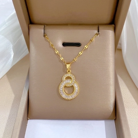 Dubbele In elkaar Grijpende Ring Hanger Ketting Roestvrij Staal Koper Zirconia Luxe Elegant