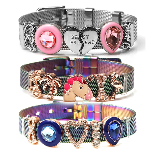Women Stainless Steel Mesh Charm Bracelet Rainbow Silver Plated DIY Beads Enamel Best Friend Heart Unicorn Jewelry Gift