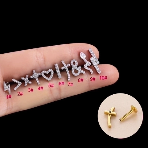 Piercings De Cartilage D'oreille En Titane F136 Avec Zircone Coeur Croix Serpent Filetage Interne Dos Plat Pour Femmes
