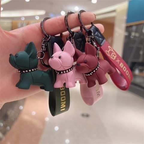 Franse Bulldog Sleutelhanger Hars Cartoon Hond Hanger Met PU Leren Polsband Strass Halsband Metalen Sluiting