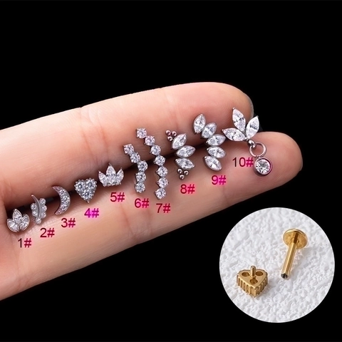G23 Titanium Cartilage Earring Stud Cubic Zirconia Internally Threaded Labret Lip Piercing Crown Moon Arc Flat Back Jewelry For Women
