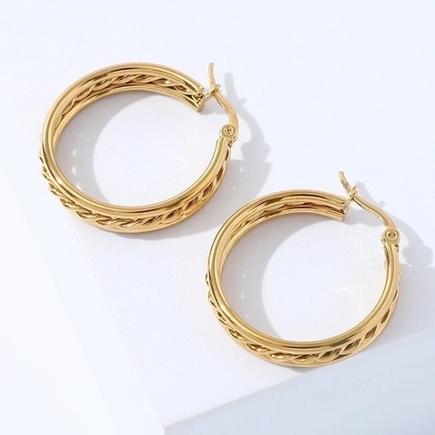 Geometric Hoop Earrings Stainless Steel Braided Twisted Texture Vacuum Plated Retro Minimalist Fashion Jewelry Women