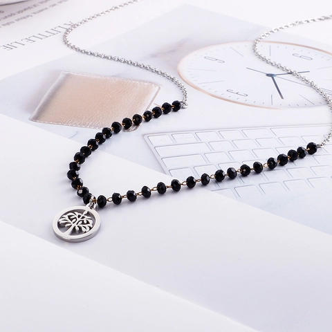 Collana Pendente Albero Della Vita In Acciaio Inossidabile Con Perle Di Vetro Sfaccettate Nere Gioielli Di Moda Donna