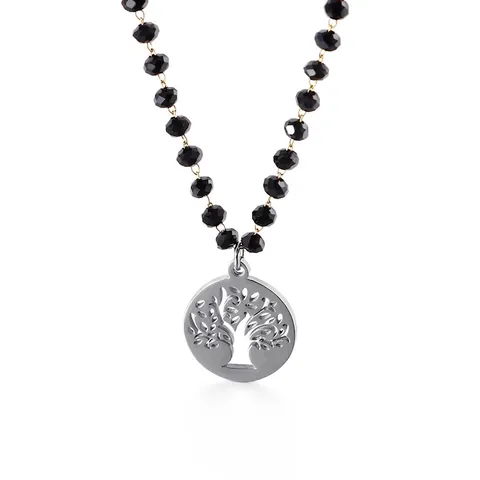Collana Pendente Albero Della Vita In Acciaio Inossidabile Con Perle Di Vetro Sfaccettate Nere Gioielli Di Moda Donna