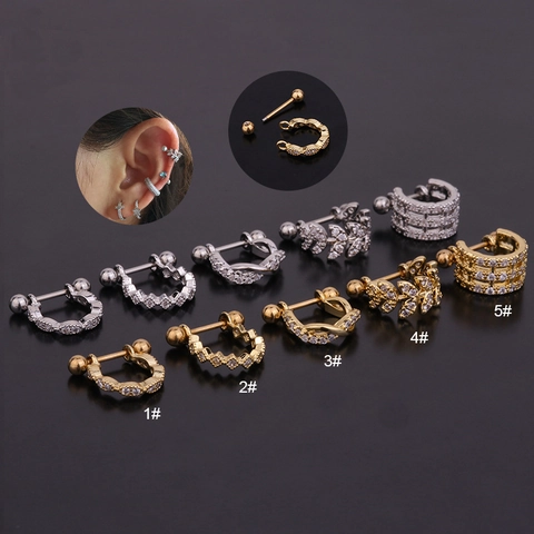 U-Shaped Zircon Ear Cartilage Stud Earrings Stainless Steel Helix Piercing Jewelry Screw Ball Back Trendy For Women