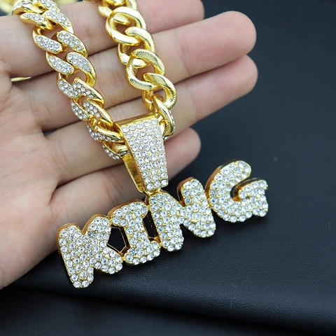 King Letter Pendant Necklace Alloy Rhinestone Iced Out Hiphop Cuban Twist Chain Streetwear Jewelry Unisex Accessory