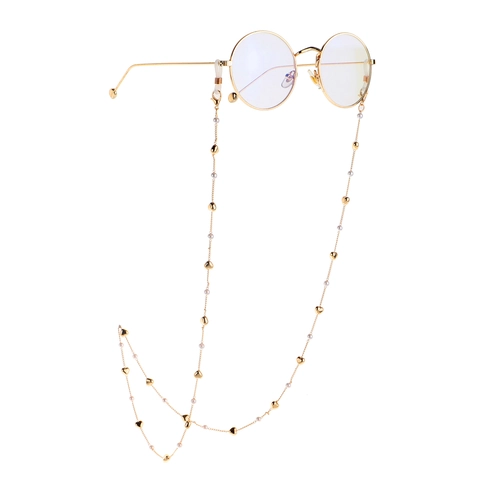 Golden Alloy Metal Glasses Chain With Heart Charms And Faux Artificial Pearls Anti Slip Eyewear Lanyard For Women Mask Strap