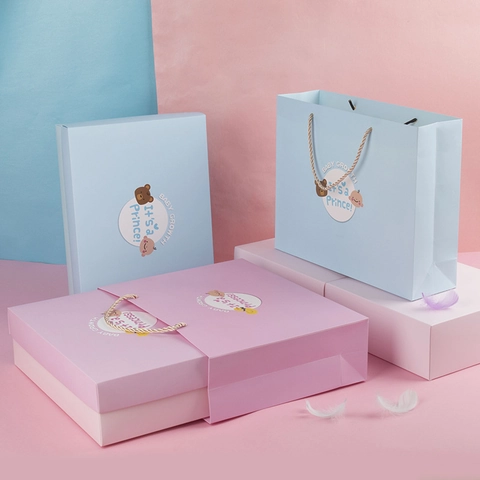 Étui Cadeau Bébé Et Sac Fourre-tout Assorti Carton Nouveau-né Anniversaire Révélation De Genre Thème Ours Dessin Animé