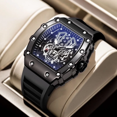 Orologio Al Quarzo Skeleton Cassa Tonneau Cinturino In Silicone Impermeabile Luminoso Sport Moda Per Uomo