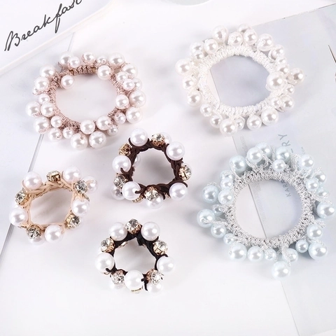 Elegant Artificial Pearl Rhinestone Hair Ties Handmade Woven Crystal Beaded Ponytail Holders Elastic Hair Ropes For Women