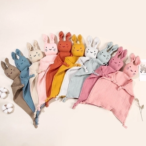 Baby Security Blanket Soft Cotton Muslin Rabbit Animal Soothing Towel For Infants Breathable Knotted Corners Comforter