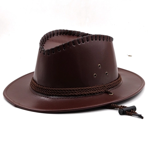 Western Cowboy Hat Faux Leather Wide Brim Retro Outdoor Knight Hat With Adjustable Windproof Rope Woven Band Unisex