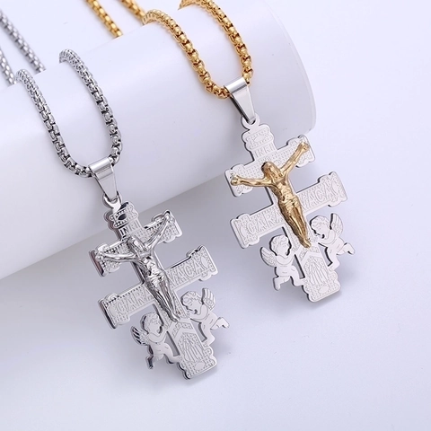 Orthodox Caravaca Cross Pendant Necklace 304 Stainless Steel Jesus Christ Relief Angels Religious Bicolor Jewelry