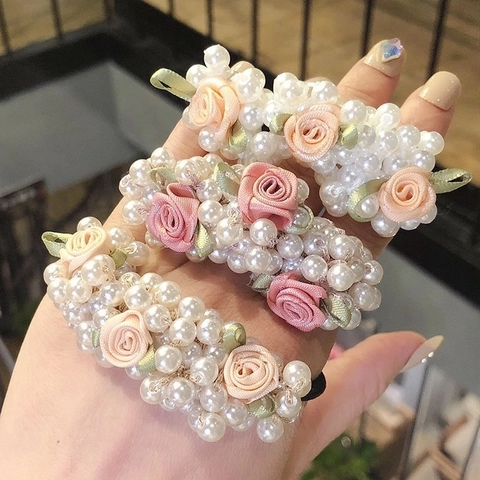 Élastiques À Cheveux En Künstliche Perles Et Roses Faits À La Main Fleurs En Tissu Style Coréen Doux Chouchous Floraux