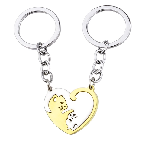 Heart Shaped Cat Puzzle Necklace And Keychain Stainless Steel Yin Yang Matching Jewelry For Couples Friends Unique Gift