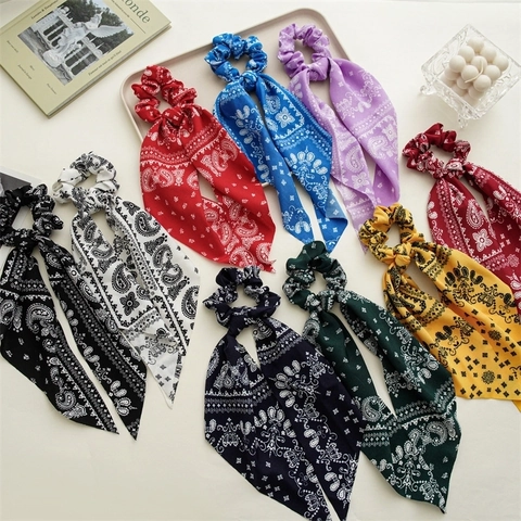 Haar Scarf Scrunchie Met Paisley Print Lange Strik Retro Vintage Polyester Stof Haaraccessoires Voor Dames