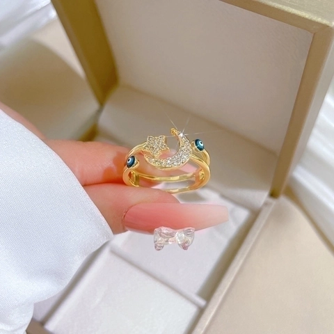 Star Moon Evil Eye Adjustable Ring Gold Plated Brass Micro Zirconia Layered Design Trendy Jewelry For Women