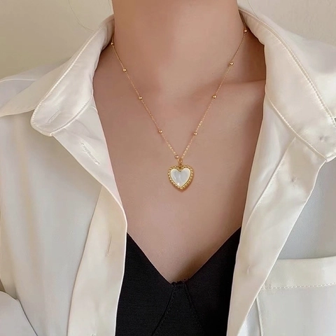 Collier Pendentif Cœur Acier Inoxydable Nacre Double Face Plaqué Or Minimaliste Chaîne Clavicule Pour Femme