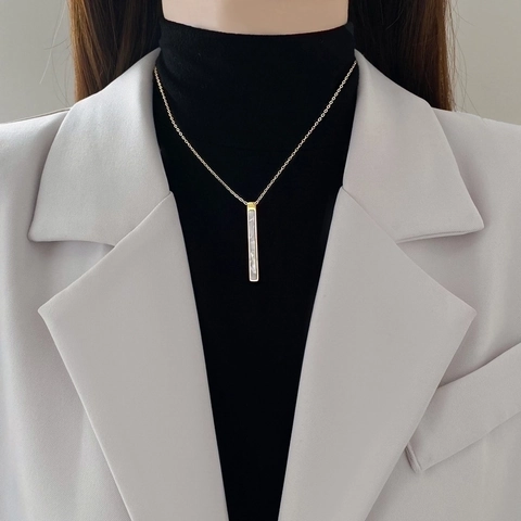 Minimalistische Geometrische Rechteck Bar Anhänger Halskette Für Frauen Perlmutt Muschel Inlay Vergoldeter Titanstahl