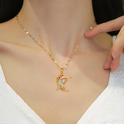 Collana Con Pendente A Farfalla Catena In Acciaio Inossidabile Rame Intarsiato Con Zircone Placcato Oro Gioielli Banchetto