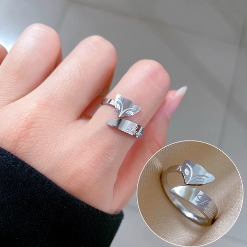 Bague Renard Minimaliste Acier Titane Gravée Love Polie Réglable Ouverte Bijou De Doigt Pour Femmes Hommes Style