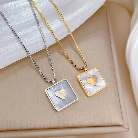 Square Pendant Necklace Titanium Steel Mother Of Artificial Pearl Heart Inlay Minimalist Elegant Box Chain Fashion Jewelry Women
