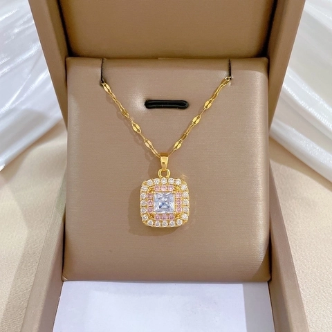 Square Pendant Necklace Stainless Steel Chain With Copper Cubic Zirconia Double Halo Jewelry For Women Elegant Banquet