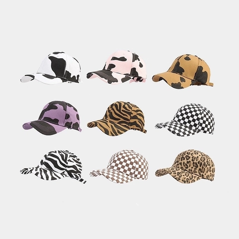 Berretto da Baseball in Cotone Classico Stampa Animalier Mucca Zebra Leopardo Scacchiera Visiera Curva Cappello Parasole