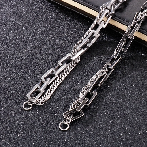 Double Layer Chain Bracelet Stainless Steel Cuban Link Rectangular Box Chain Hip Hop Punk Vintage Industrial Unisex Jewelry