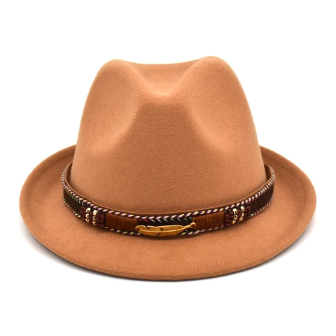 Sombrero Fedora De Lana Vintage Con Banda Trenzada Bohemia Cuentas Coloridas Colgante De Pluma De Metal Sombrero Jazz Unisex