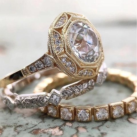 Vintage Geometric Hexagon Halo Rings Copper Cubic Zirconia Stackable Wedding Jewelry For Women Gold Color