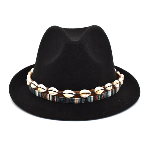 Cappello Fedora In Feltro Di Lana Con Decorazioni Di Conchiglie Naturali Fascia Intrecciata Etnica