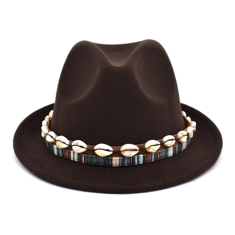 Cappello Fedora In Feltro Di Lana Con Decorazioni Di Conchiglie Naturali Fascia Intrecciata Etnica