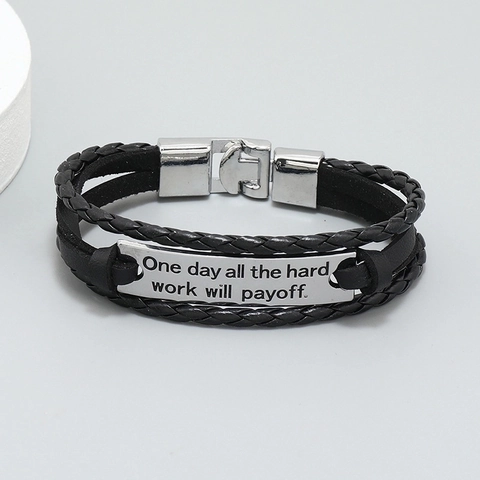 Men Multilayer Bracelet Braided PU Leather With Engraved Inspirational Metal Plate Casual Fashion Jewelry