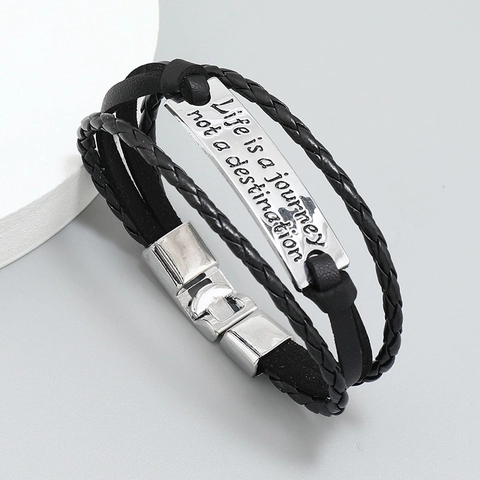 Herren Inspirierendes Zitat Lederarmband Mehrschichtig Geflochtenes Armband Life Is A Journey Legierung Armreif Schwarz Schmuck