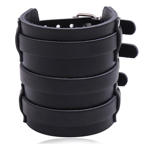 Breites Lederarmband Punk Rindsleder Mehrlagiges Manschette Mit Eisen Schnallen Rock Biker Schmuck Für Herren Damen