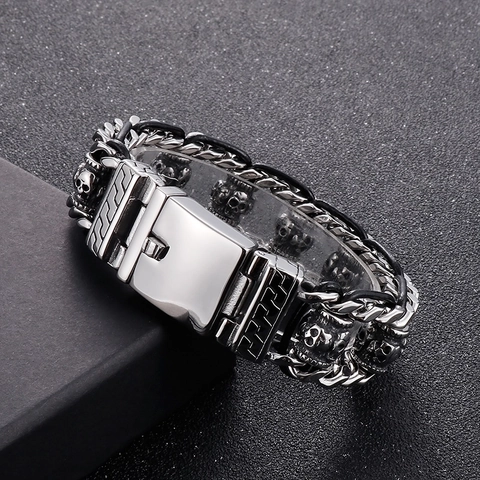 Men Skull Bracelet 316L Stainless Steel Punk Gothic Keel Chain With Woven Black Leather Biker Jewelry For Halloween