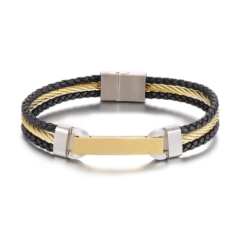 Bracciale In Pelle Intrecciata Da Uomo Cavo In Acciaio Inossidabile Multistrato Chiusura Magnetica Bracciale Punk Industrial
