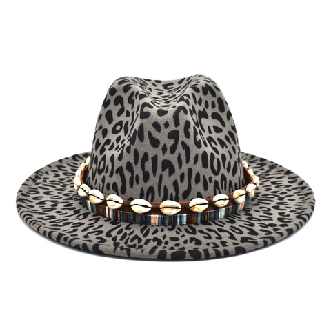 Leopard Print Fedora Hat Wide Brim Cotton Polyester Felt Bohemian Ethnic Shell Decoration Retro Jazz Travel Unisex