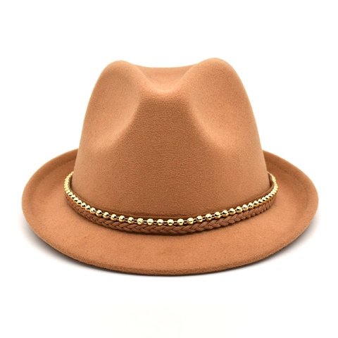 Vintage Fedora Hat Woolen Felt With Golden Bead Woven Band Classic Jazz Style Unisex Solid Color Autumn Winter Accessory