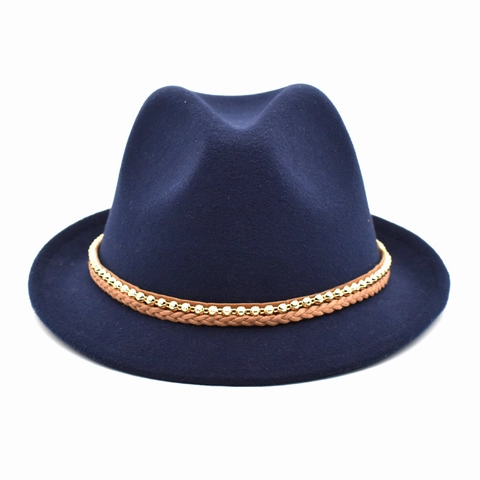 Vintage Fedora Hat Woolen Felt With Golden Bead Woven Band Classic Jazz Style Unisex Solid Color Autumn Winter Accessory