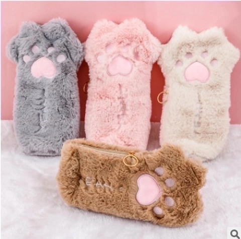 Trousse À Crayons En Forme De Patte De Chat Peluche Douce Grande Capacité Sac De Rangement Papeterie Pour Étudiants Kawaii