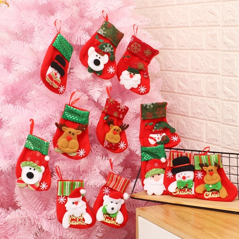Mini Weihnachtsstrumpf Anhänger Stoff Filz Pailletten 3D Weihnachtsmann Schneemann Rentier Bär Festliche Baumdeko