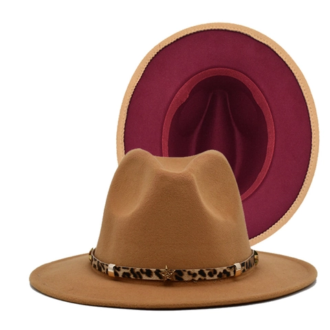 Wide Brim Fedora Hat Wool Felt Elegant Leopard Band Star Metal Decor Color Block Vintage Jazz Cap For Women Men