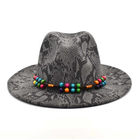 Cappello Fedora Tesa Larga Stampa Serpente Cotone Poliestere Fascia Perline Colorate Stile Panama Bohemien Da Donna